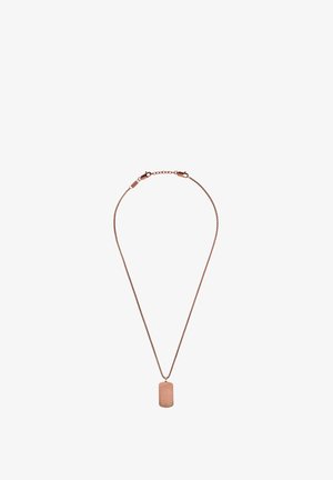 Roze gouden ketting met een fijne schakel en een rechthoekige hanger met een gladde, matte afwerking. Sluiting met een kreeftsluiting.