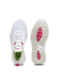 White athletic shoes with a mesh upper, green accents, pink hardware, textured sole, and a cushioned insole, featuring a unique tread pattern.
