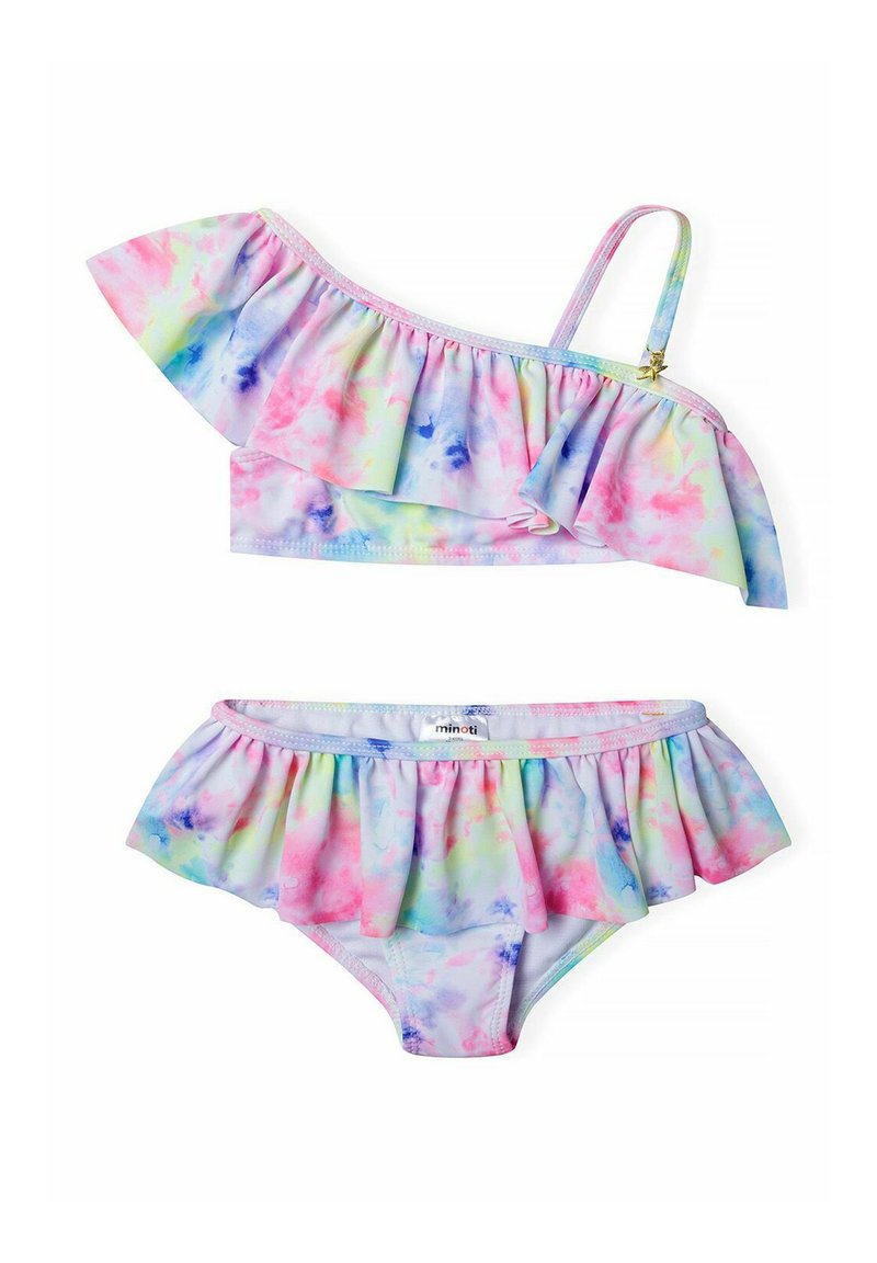 Set bikini a due pezzi con motivo acquerello pastello nei toni di rosa, blu e verde. Top arricciato con una sola spalla e slip abbinati arricciati.