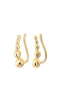 Orecchini a gancio tono oro con una serie di perle sferiche di dimensioni graduali, dal design minimalista e texture liscia. Ogni orecchino presenta un filo curvato.