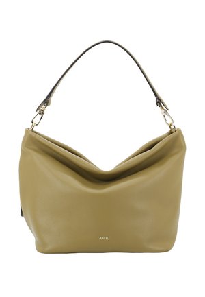 Light olive leather shoulder bag with a unique draped design, featuring a flat black strap and subtle gold logo accent.