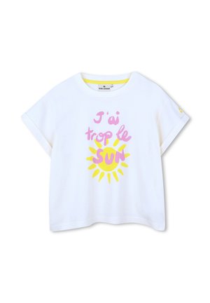 Witte korte mouw t-shirt voor kinderen met roze tekst "J'ai trop le" boven een gele zon en "SUN" in roze aan de voorkant.