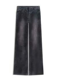 Blugi evazați de culoare gri închis, cu o textură netedă, design tradițional cu cinci buzunare și cusături contrastante de-a lungul cusăturilor.