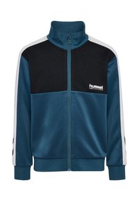 Cyaan en zwarte zip-up jas met een hoge kraag, gestreepte witte accenten, een textuur bovenpaneel in zwart en logo-details op de linkerkant van de borst.