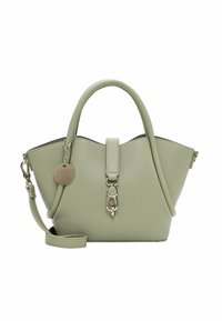 Borsa a mano in pelle verde con texture, due manici corti, una tracolla removable e un dettaglio in metallo argento. Presenta un design arrotondato e aperto.