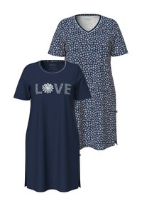 Námořnické bavlněné noční košile; jedna má potisk "LOVE" s květinovými akcenty, druhá má květinový vzor na tmavém pozadí s designem V-výstřihu.
