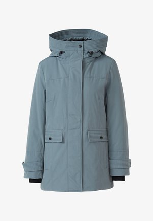 Gaiši zila, ūdensizturīga jaka ar kapuci, rāvējslēdzējiem, divām frontālām kabatām, quiltētiem detalizējumiem uz piedurknēm un taisnu apakšu.