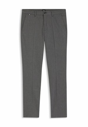 Gray tailored men's dress trousers with side pockets, belt loops, button closure, and crease down the front of each leg.