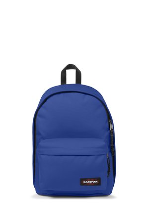 Blue backpack made of durable fabric, featuring a zippered main compartment, front pocket, and a black handle on top.
