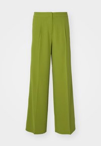 Breda byxor i klargrön, tillverkade av slät tyg, med veck framtill och platt midjeband för en skräddarsydd look.