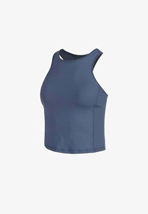 Marineblauw sport crop top met een afgeronde halslijn, mouwloos ontwerp, gestructureerde stof en platgestikte naden voor comfort.