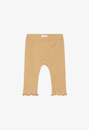 Beige katoenen legging met een zachte textuur, voorzien van een gegolfde zoom bij de enkels en een elastische tailleband voor een comfortabele pasvorm.