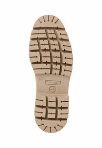 Semelle de chaussure en caoutchouc beige avec un motif de bande de roulement profond, des rainures en forme de flèche, taille 37, et le logo "Tamaris" dans la section centrale.