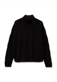 Maglione nero lavorato a maglia con colletto alto, motivo a treccia testurizzato, maniche lunghe e polsini e fondo a costine.