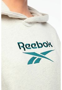 Osoba nosící světle šedou mikinu s vyšitou tyrkysovou nášivkou Reebok na hrudi, záběr na krk a horní část trupu.