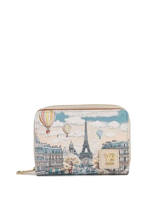 Portafoglio compatto con cerniera che presenta il paesaggio urbano di Parigi con la Torre Eiffel, edifici, mongolfiere e patch con logo Y2 Milano.