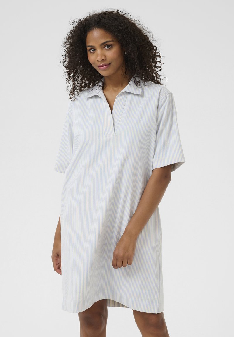 Robe chemise rayée en bleu clair et blanc. Présente un col classique et des manches courtes. Tissu doux avec une coupe décontractée et un ourlet légèrement arrondi.