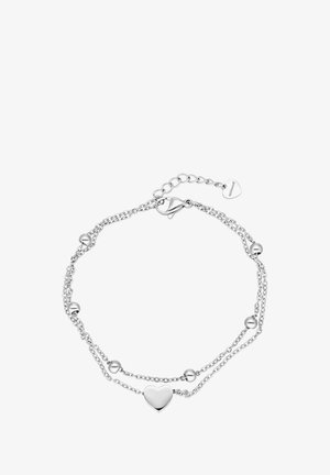 Silbernes Doppelkettenarmband mit fünf kleinen Perlen und einem zentralen herzförmigen Anhänger, gesichert durch einen Karabinerverschluss und eine verstellbare Kette.