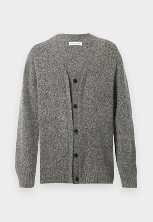 Grå strikket cardigan med en struktureret finish, med V-hals, lange ærmer og seks sorte knapper foran.