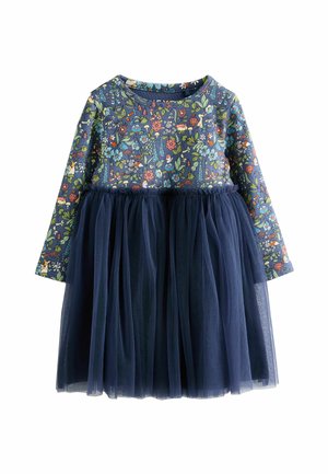 Floralkleid mit langen Ärmeln; Oberteil aus navy-blauer Baumwolle mit bunten Blumen; unterer Teil aus geschichtetem navy Tüll, der sich in der Taille sammelt.