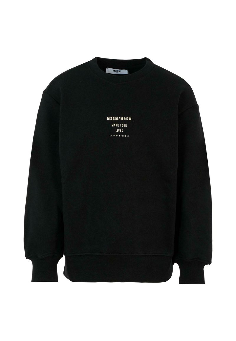 Felpa nera in cotone, con colletto rotondo e polsini a costine. Il design del testo centrato in bianco e oro recita: "VEDI LA TUA VITA DIVENTARE STRAORDINARIA."