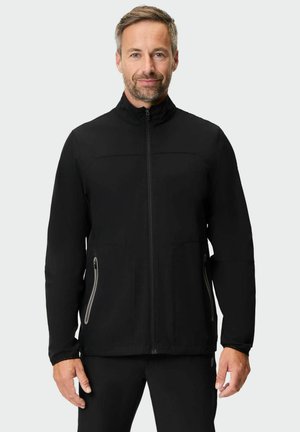 Black softshell jacket with a high collar, full front zipper, and side pockets. Features a smooth texture and sporty design.