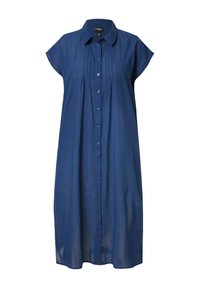 Niebieska, krótki rękaw, zapinana na guziki sukienka wykonana z lekkiego materiału. Posiada kołnierz, plisy i luźny krój z długością do kolan.