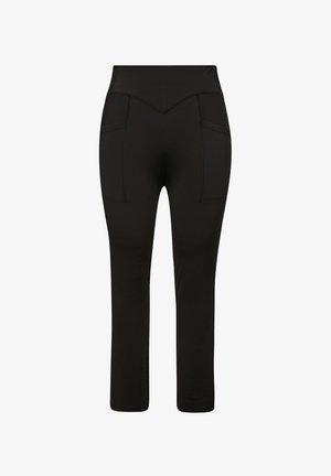 Czarne legginsy o wysokim pasie, z v-kształtnym wzorem i dwoma bocznymi kieszeniami. Gładka tekstura i dopasowany fason.