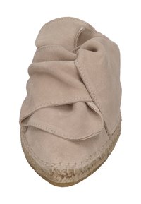Beige suede slip-on shoe with a gathered design and espadrille sole, featuring a textured rubber base and stitched jute detailing.
