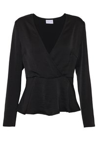 Černý dlouhý rukáv top s hlubokým výstřihem do V a peplum lemem, vyrobený z hladké tkaniny s jemným leskem. Má design vázání a minimální šití.