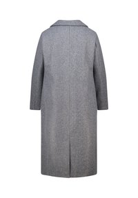 Lang grijs wollen jas met een rechte snit, rugsplit en brede kraag, van achteren weergegeven op een witte achtergrond.