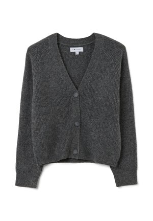 Grijze gebreide cardigan met een V-hals, geribbeld textuur en vijf knopen aan de voorkant. Lichtjes cropped silhouet en lange mouwen.