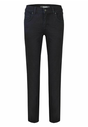 Schwarze Jeans aus Denim mit geradem Schnitt, fünf Taschen, Knopfverschluss und dezenten Nähdetails auf der Rückseite.