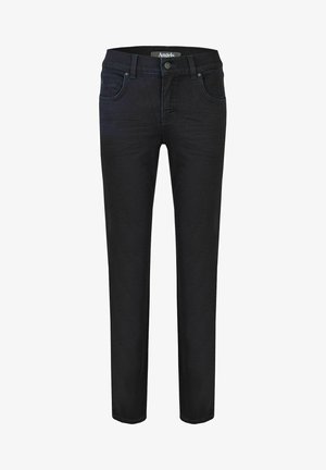 Jeans en denim noir à coupe droite, dotés de cinq poches, d'une fermeture à bouton et de détails de couture subtils à l'arrière.