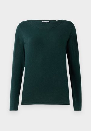 Mørkegrønn langermet skjorte med rund hals og enkelt design, vist på hvit bakgrunn.