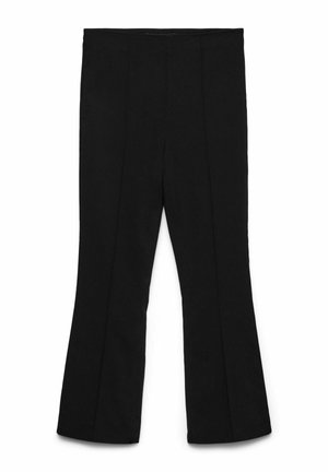 Pantalon noir sur mesure avec une taille haute et des jambes évasées, présentant des détails de plis à l'avant.
