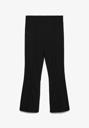 Fekete, magas derekú, bővülő szárú, egyenes szabású nadrág elöl hajtásos részletekkel.