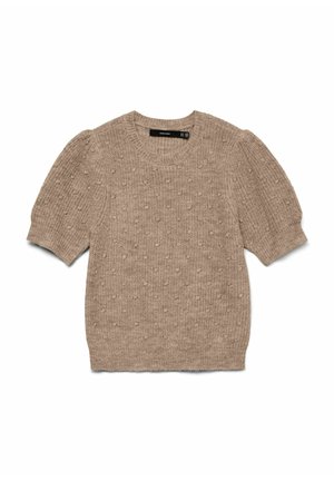 Beige gebreide trui met korte mouwen, een textuur van bobbelpatroon, een ronde halslijn en licht opgeblazen mouwen. Zacht, comfortabel materiaal.