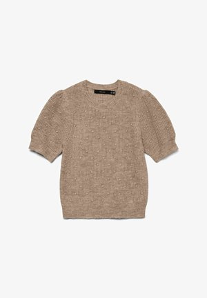 Pull en tricot beige à manches courtes avec motif en relief à boules, col rond et manches légèrement bouffantes. Matière douce et confortable.