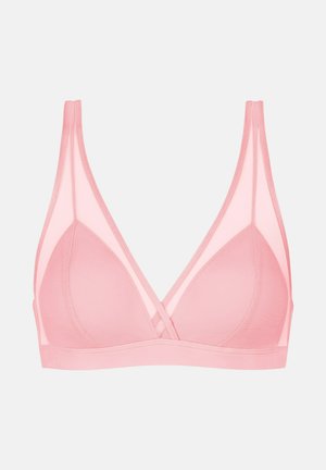 Soutien-gorge triangle sans fil rose clair avec panneaux en mesh et bretelles réglables, offrant un soutien doux et un design minimaliste.