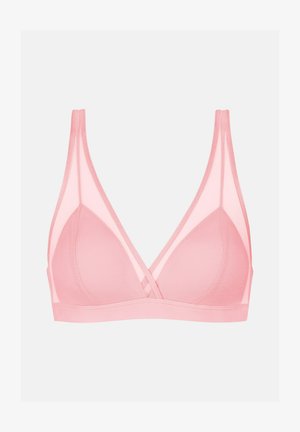 Soutien-gorge triangle sans fil rose clair avec panneaux en mesh et bretelles réglables, offrant un soutien doux et un design minimaliste.