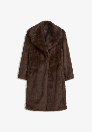 Brown faux fur coat featuring a wide collar, long sleeves, and a mid-length design with a soft, textured finish.