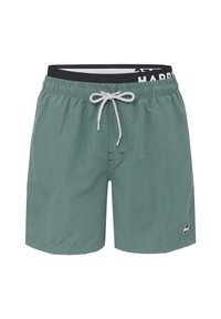 Groene zwemboxers gemaakt van lichte stof, met een elastische tailleband en een zwarte trekkoord, evenals een zijlogo-patch.