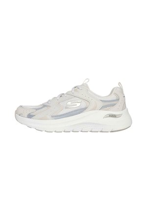 White athletic sneaker with grey accents, mesh panels, laces, and a thick sole. Features “Arch Fit” branding on the heel for support.