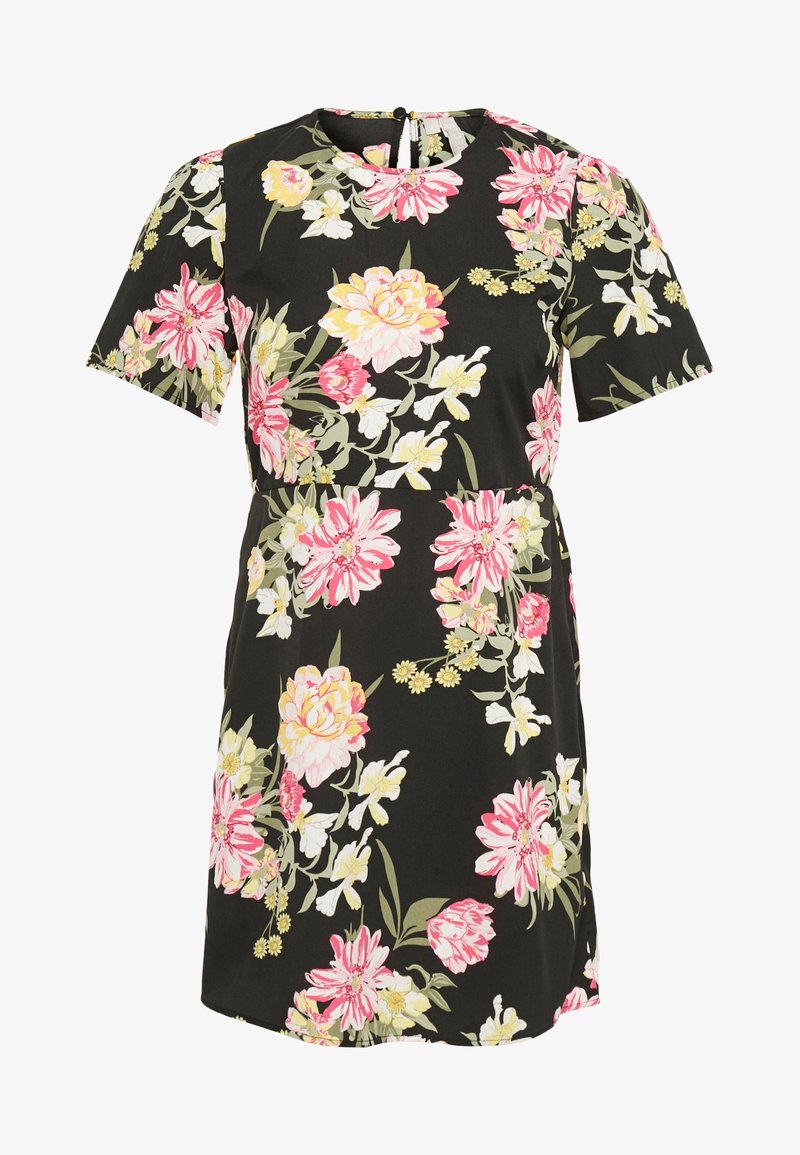 Robe noire à manches courtes avec couture à la taille, ornée de motifs floraux roses, jaunes et blancs, et une ouverture en forme de trou de serrure boutonnée à l'encolure arrière.