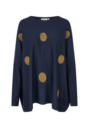 Maglione navy con vestibilità ampia, grandi pois in feltro dorato, collo rotondo, maniche lunghe e spacco laterale per facilità di movimento.