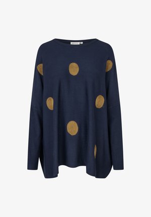 Maglione navy con vestibilità ampia, grandi pois in feltro dorato, collo rotondo, maniche lunghe e spacco laterale per facilità di movimento.