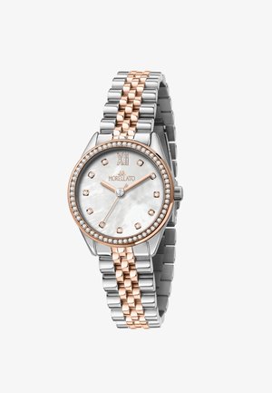 Orologio Morellato con bracciale in metallo argento e oro rosa, quadrante rotondo in madreperla con accenti di diamante e indici delle ore dorati.