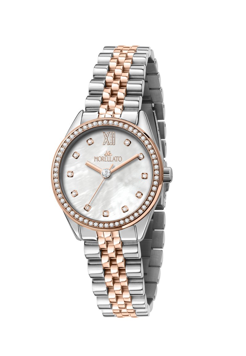 Orologio Morellato con bracciale in metallo argento e oro rosa, quadrante rotondo in madreperla con accenti di diamante e indici delle ore dorati.
