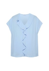 Lyseblå kortærmet bluse med V-hals og en flæsedetalje foran. Blødt stof med en glat tekstur, afslappet design.